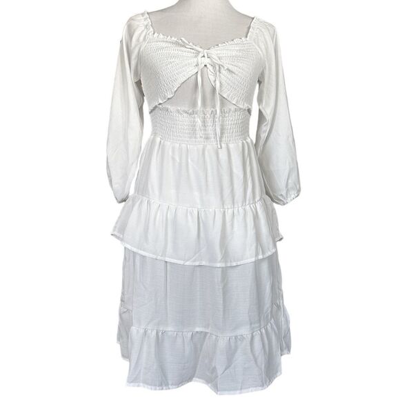 Old Navy White Ruffled Layered Cottagecore Prairie Flowy Long Sleeved Midi Dress